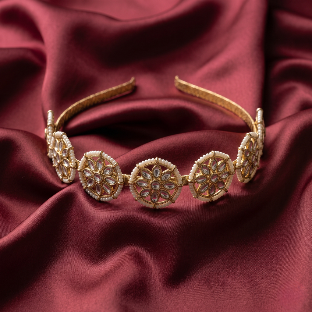 Crowning Glory kundan pearl hairband on maroon satin