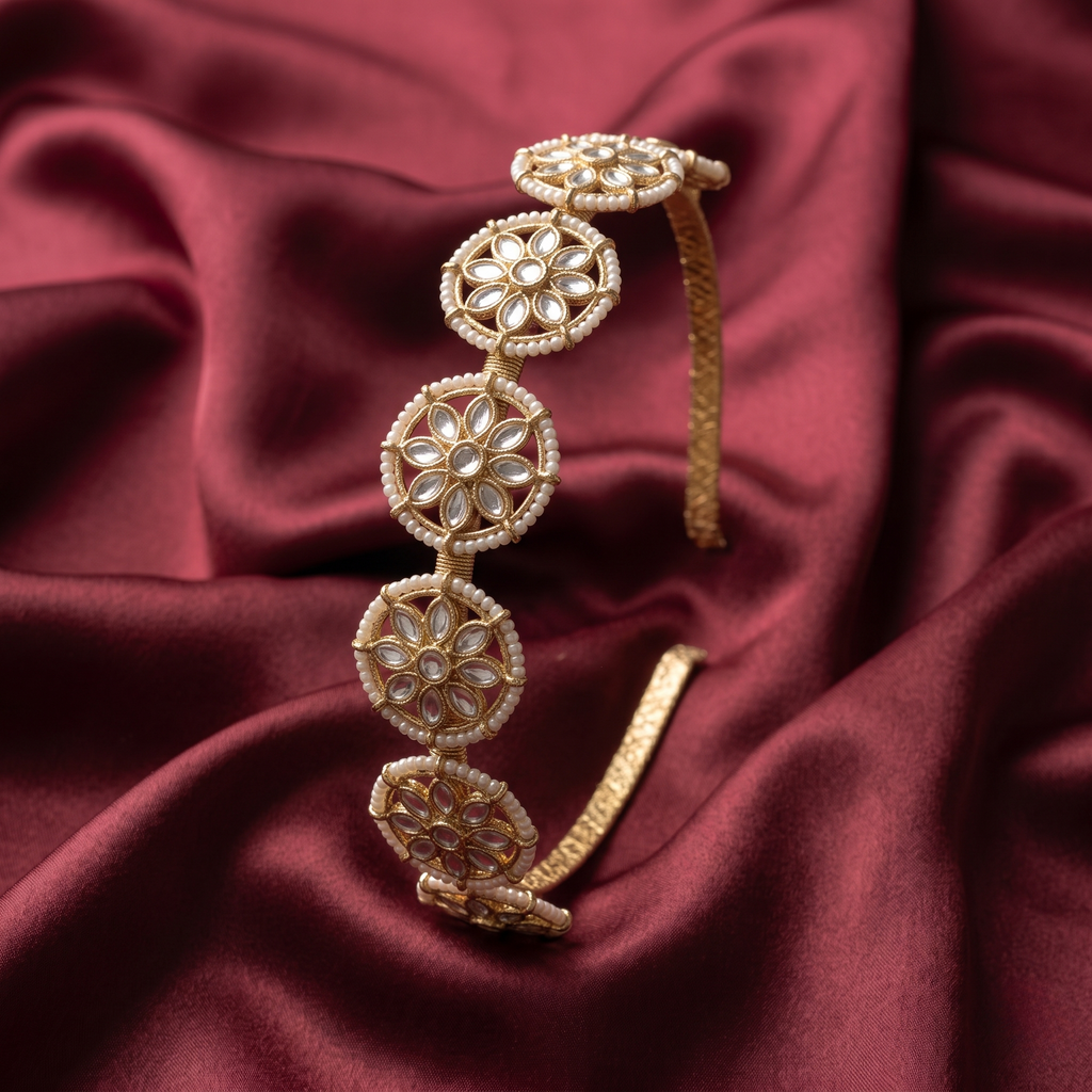 Crowning Glory hairband side angle showing kundan florals