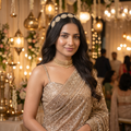 Model wearing Crowning Glory kundan pearl hairband with festive saree