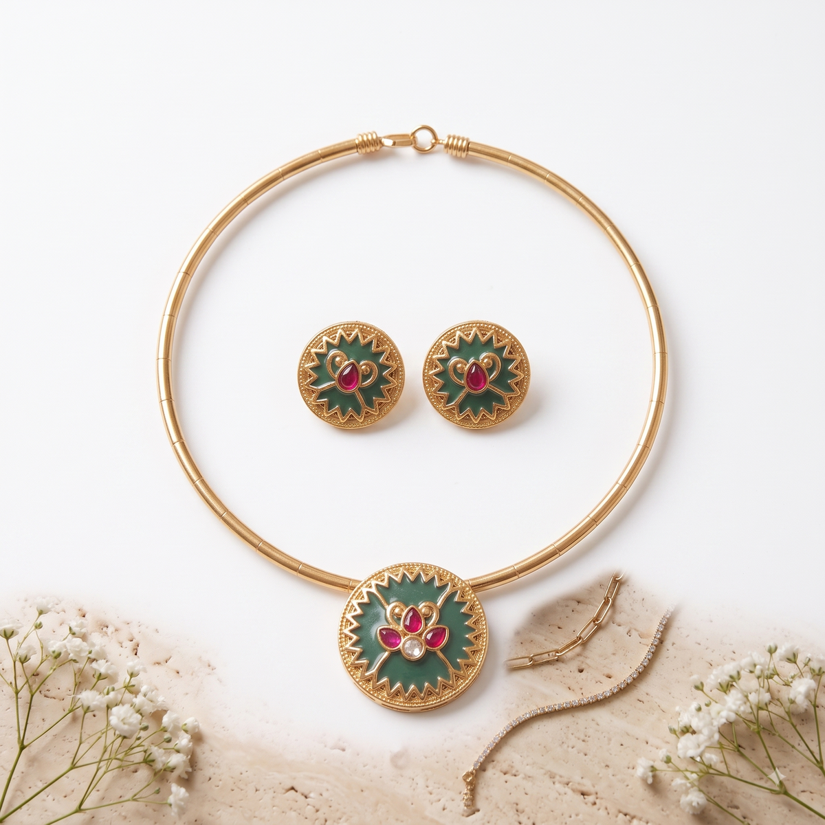 Emerald Lotus Meenakari Hasli & Earring Set