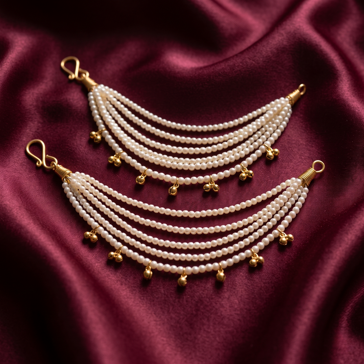 Pearl ghungroo ear chains pair on satin