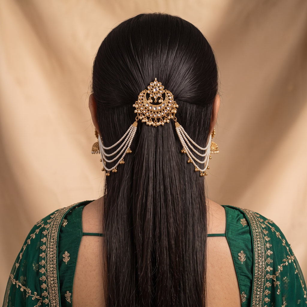 Pearl ear chains styled with a braided bun